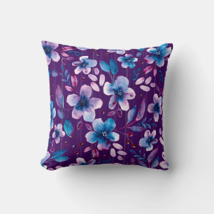 Misty Blue and Magenta Floral on Violet Artistic Throw Pillow