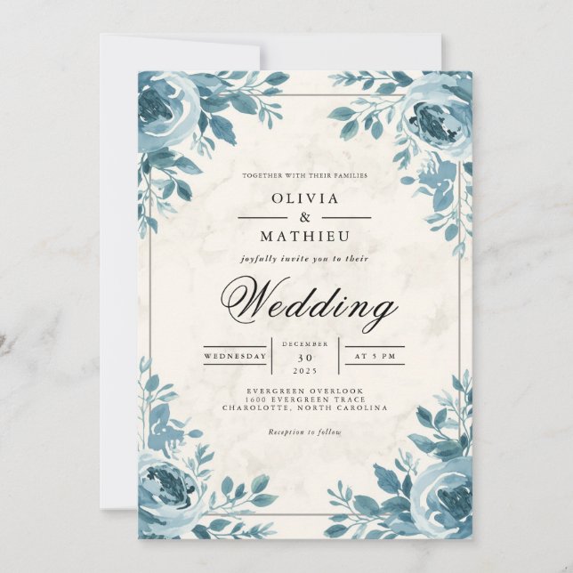 Misty Blue Floral Corner Accent Wedding Invitation (Front)