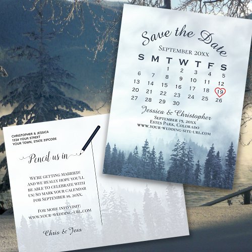 Misty Blue Forest Wedding Save the Date Calendar Announcement Postcard