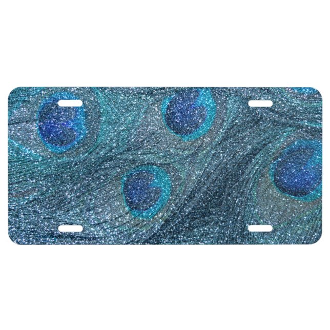 misty blue glitter peacock feathers license plate (Front)