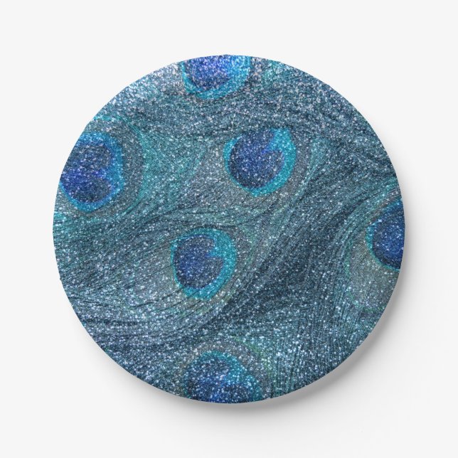 misty blue glitter peacock feathers paper plates (Front)