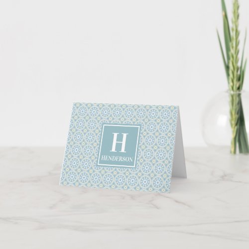 Misty Blue Modern Medallion Monogrammed Note Card