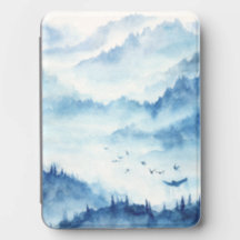 Misty Blue Mountain Landscape With Flying Birds