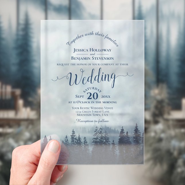 Misty Blue Mountain Pines Calligraphy Wedding Acrylic Invitations (With Rectangle Cut)