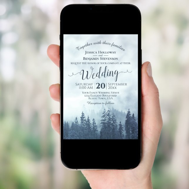 Misty Blue Mountain Pines Rustic QR Code Wedding Invitation (Front Digital)