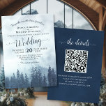 Misty Blue Mountain Pines Rustic QR Code Wedding Invitation<br><div class="desc">This beautiful wedding invitation features a rustic yet elegant style with lacy script calligraphy on a watercolor background of blue mountain spruce or pine trees shrouded in mist or fog. The colors are a variety of shades of blue, making this invitation perfect for an outdoor, wilderness, or winter ceremony. The...</div>