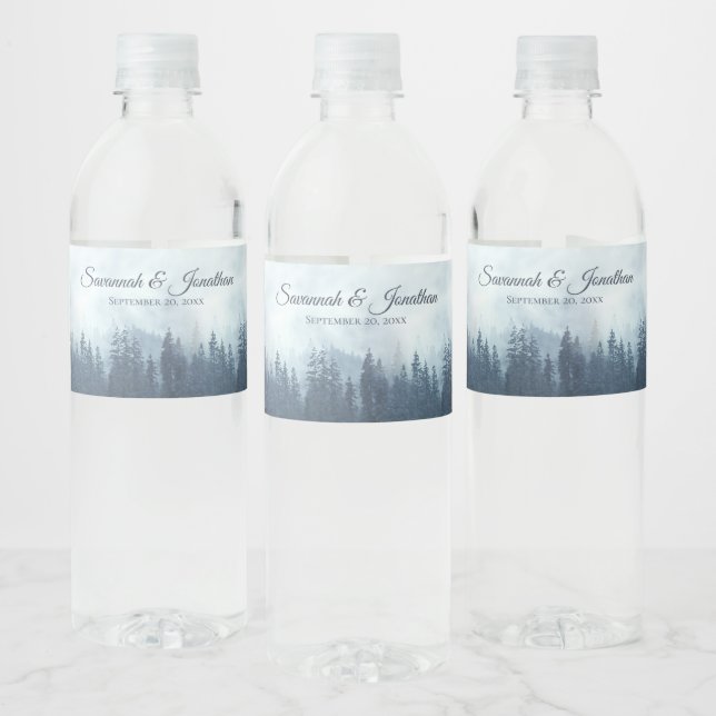 Misty Blue Mountains & Pine Forest Rustic Wedding Water Bottle Label (Bottles)