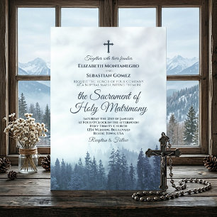 Misty Blue Pine Forest Modern Catholic Wedding Inv Invitation