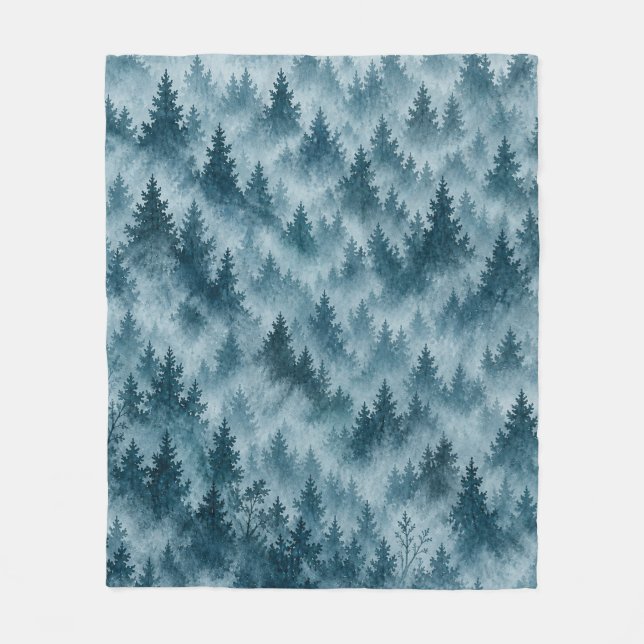 Misty Blue Pine Forest Watercolor Pattern Fleece Blanket (Front)