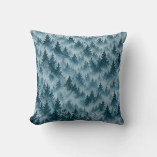 Misty Blue Pine Forest Watercolor Pattern Throw Pillow