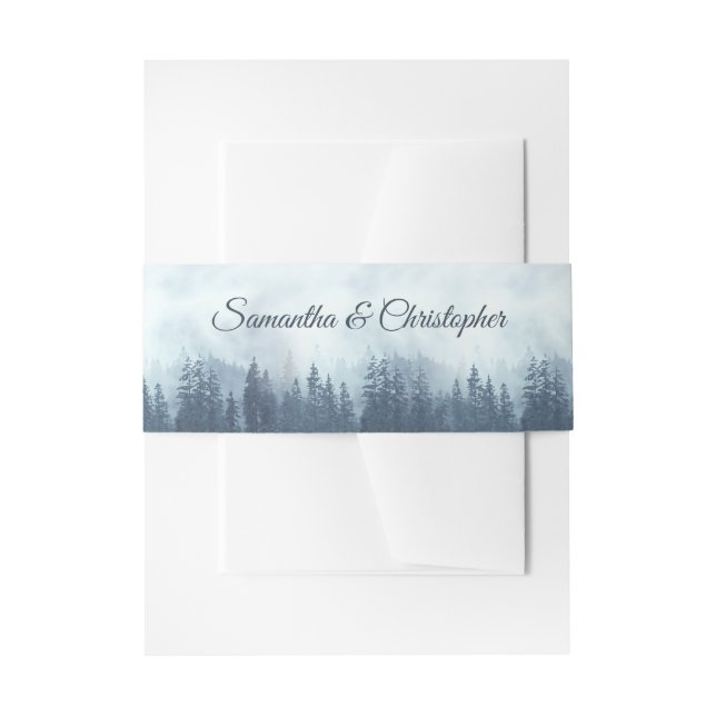 Misty Blue Pine Tree Forest Rustic Wedding Invitation Belly Band (Front Example)