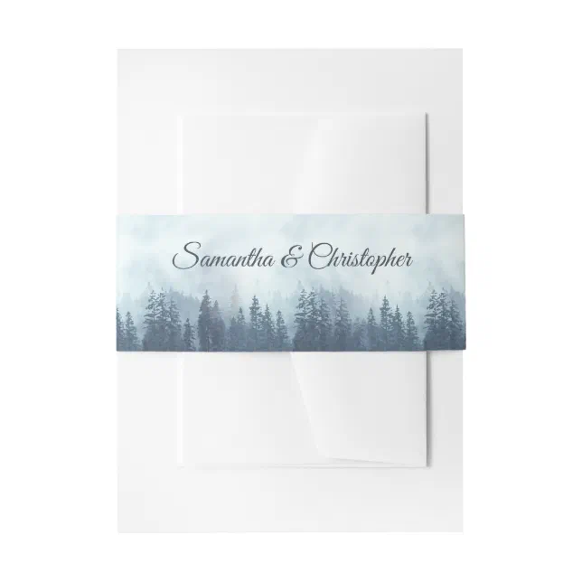 Misty Blue Pine Tree Forest Rustic Wedding Invitation Belly Band | Zazzle
