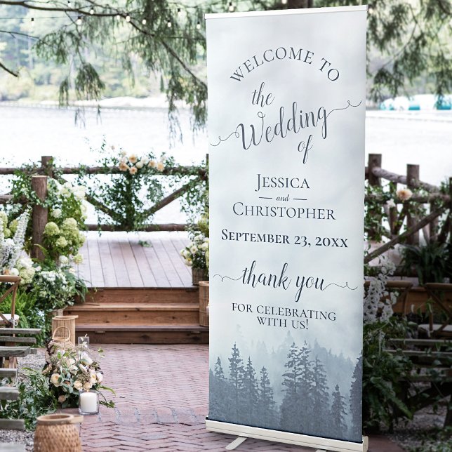 Misty Blue Pine Trees Rustic Wedding Welcome Retractable Banner (Creator Uploaded)
