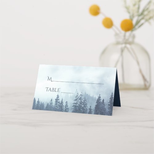 Misty Blue Pine Trees Rustic Wedding Write_In Place Card
