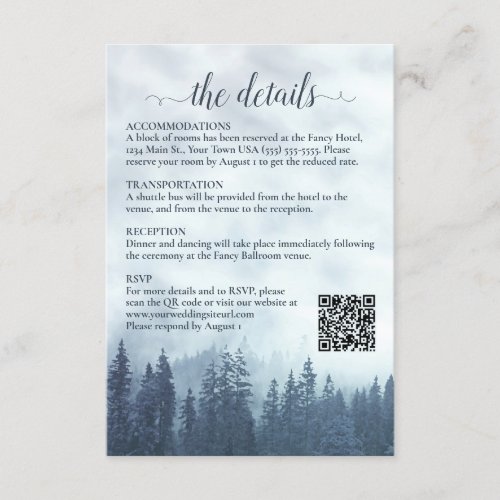 Misty Blue Pine Trees Wedding Details QR Code Enclosure Card