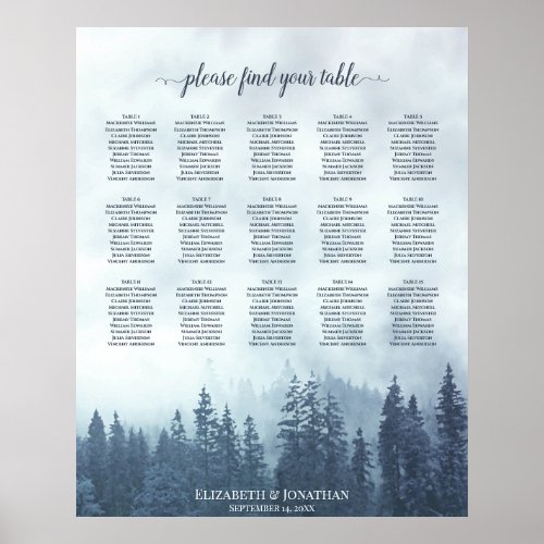 Misty Blue Pines 15 Table Wedding Seating Chart