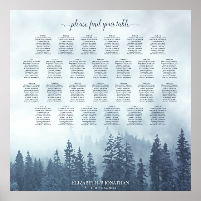 Misty Blue Pines 26 Table Wedding Seating Chart (Front)