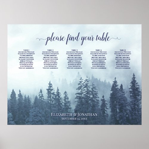 Misty Blue Pines 5 Table Wedding Seating Chart