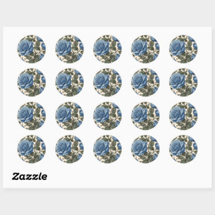 Misty Blue Roses And Green Leaves, Classic Round Sticker