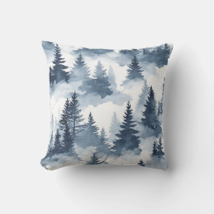 Misty Blue Watercolor Forest Throw Pillow