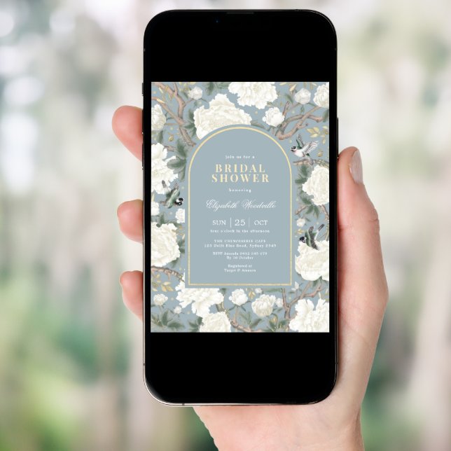 Misty Blue White Chinoiserie Floral Bridal Shower Invitation (Front Digital)