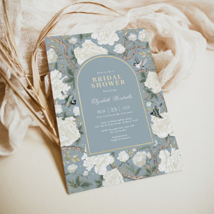 Misty Blue White Chinoiserie Floral Bridal Shower Invitation