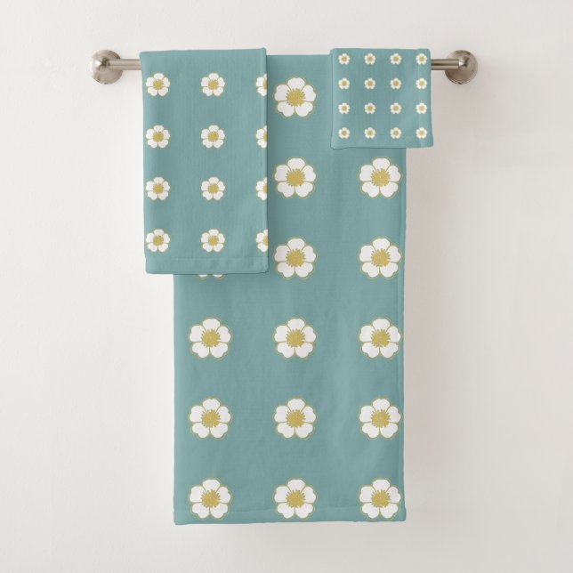 misty blue yellow and white Buttercup Flowers Bath Towel Set (Insitu)