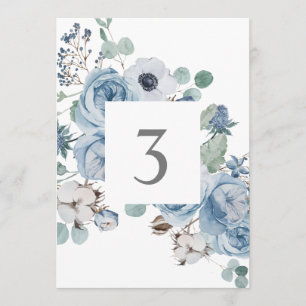Misty Blues Floral Roses  Anemones Table Cards