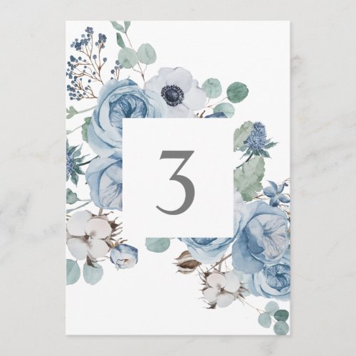 Misty Blues Floral Roses  Anemones Table Cards
