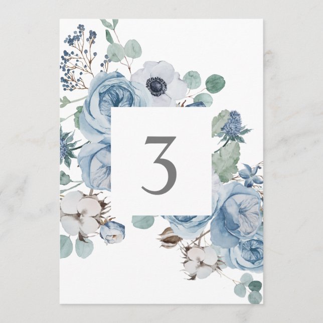 Misty Blues Floral Roses  Anemones Table Cards (Front)