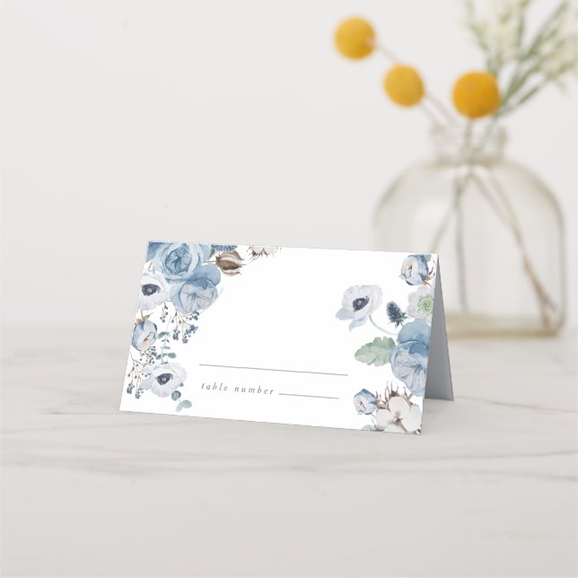 Misty Blues Roses Anemones Place Cards (Front)