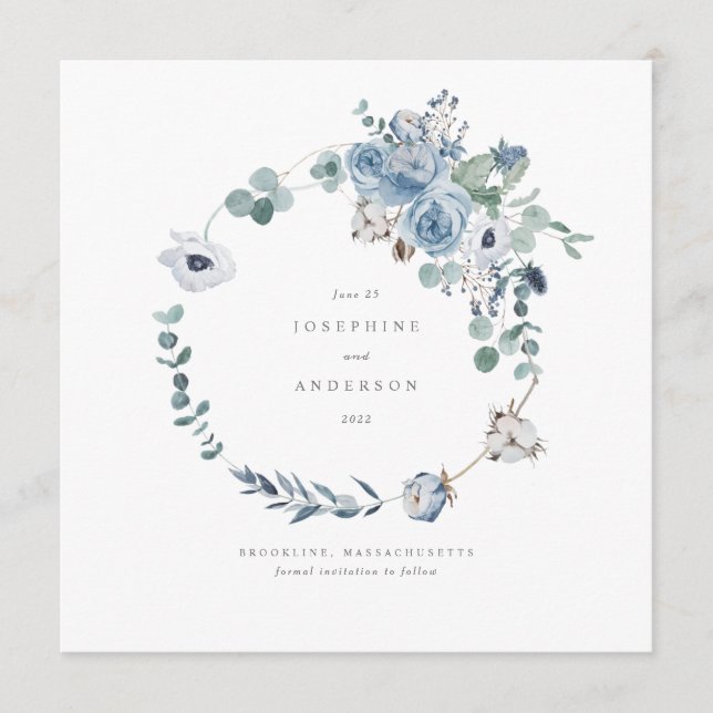 Misty Blues Wreath Save The Date Menu (Front)