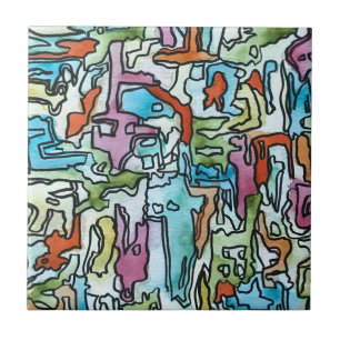 Misty City-Hand Painted Abstract Watercolor Art Ceramic Tile