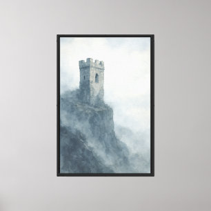 Misty Cliffside Watchtower Watercolor Canvas Print