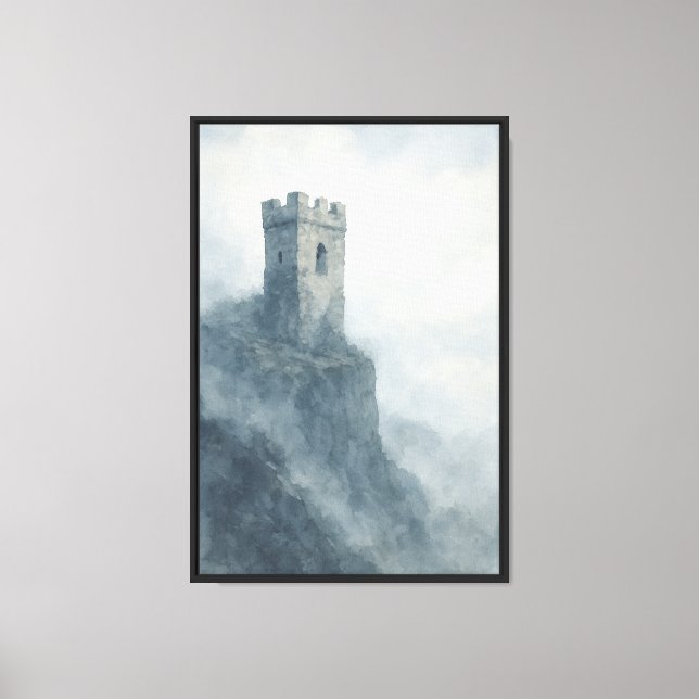 Misty Cliffside Watchtower Watercolor Canvas Print (Front)