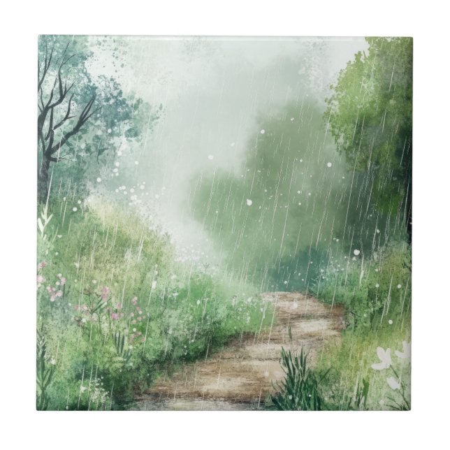 Misty Country Road Forest Path Landscape (2) Ceramic Tile (Front)