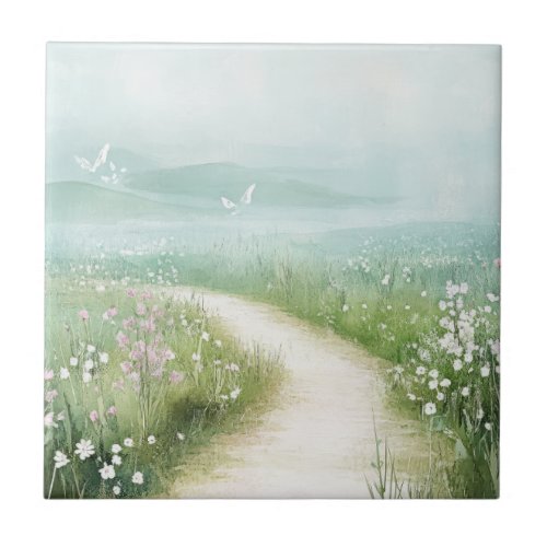 Misty Country Road Forest Path Landscape (3) Ceramic Tile
