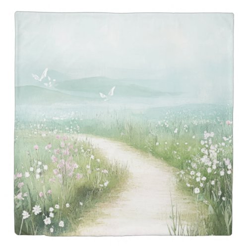Misty Country Road Forest Path Landscape (3) Duvet Cover