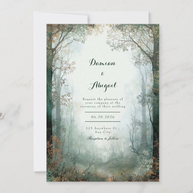 Misty Emerald Forest Path Romantic Woodland Invitation (Front)
