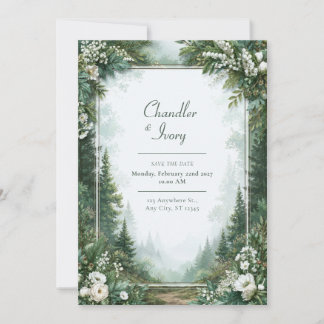 Misty Evergreen Floral Wedding Invitation