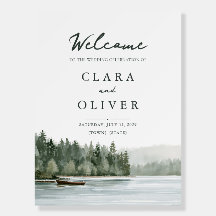 Misty Evergreen Pine Lake Wedding Welcome Sign  