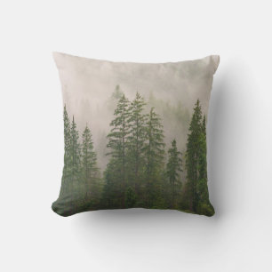 Misty Foggy Forest Trees Throw Pillow