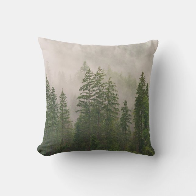 Misty Foggy Forest Trees Throw Pillow (Front)