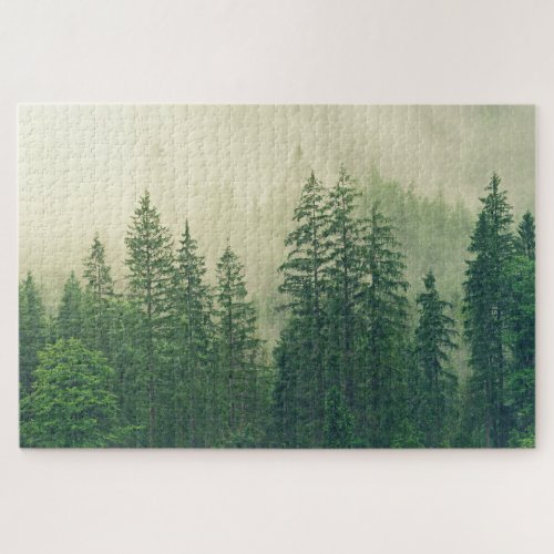 Misty Foggy Green Pine Trees Nature Photo  Jigsaw Puzzle