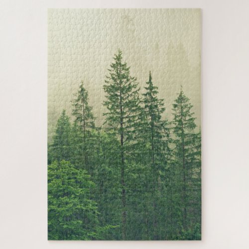 Misty Foggy Green Pine Trees Photo Jigsaw Puzzle