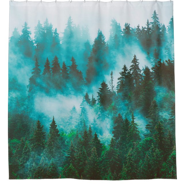 Misty foggy mountain landscape with fir forest and shower curtain (Front)