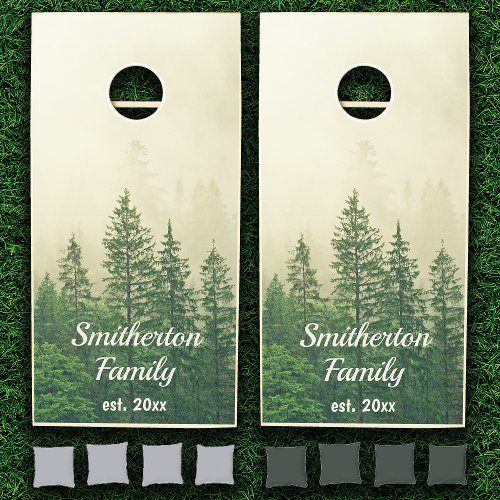 Misty Foggy Mountains Pine Trees Family Name  Cornhole Set