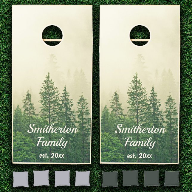 Misty Foggy Mountains Pine Trees Family Name  Cornhole Set (Foggy mountains and pine trees custom cornhole set personalized with your own text.)