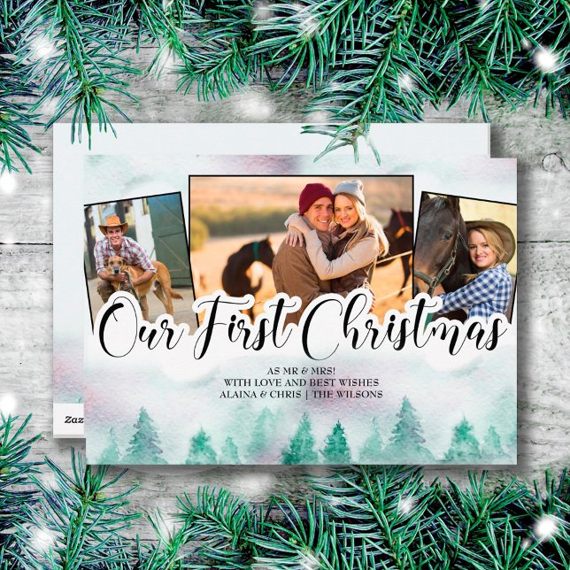 Misty Forest 3 Photo Hand Lettered First Christmas Holiday Card (Creator Uploaded)