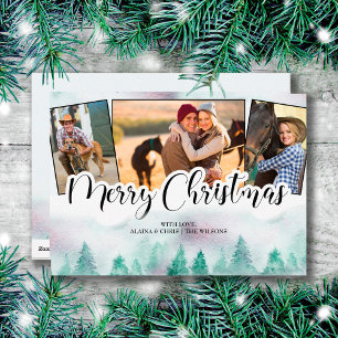 Misty Forest 3 Photo Hand Lettered Merry Christmas Holiday Card